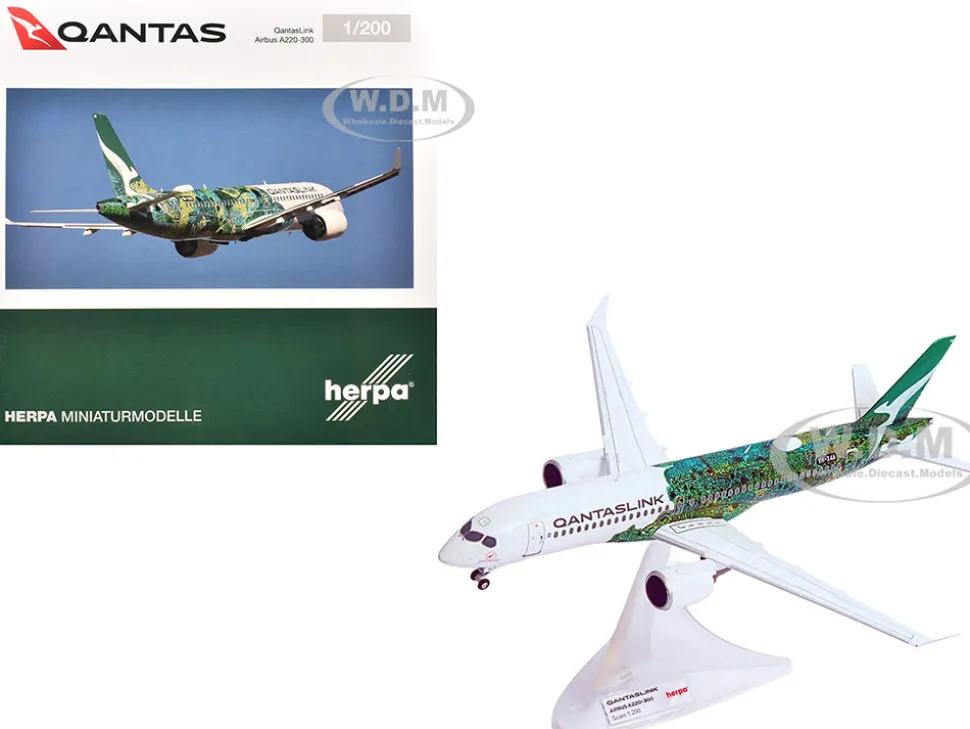 Airbus A220-300 Commercial Aircraft "QantasLink Flying Art Series - Minyma Kutjara Tjukurpa" (VH-X4A) White with Green Graphics 1/200 Diecast Model Airplane by Herpa