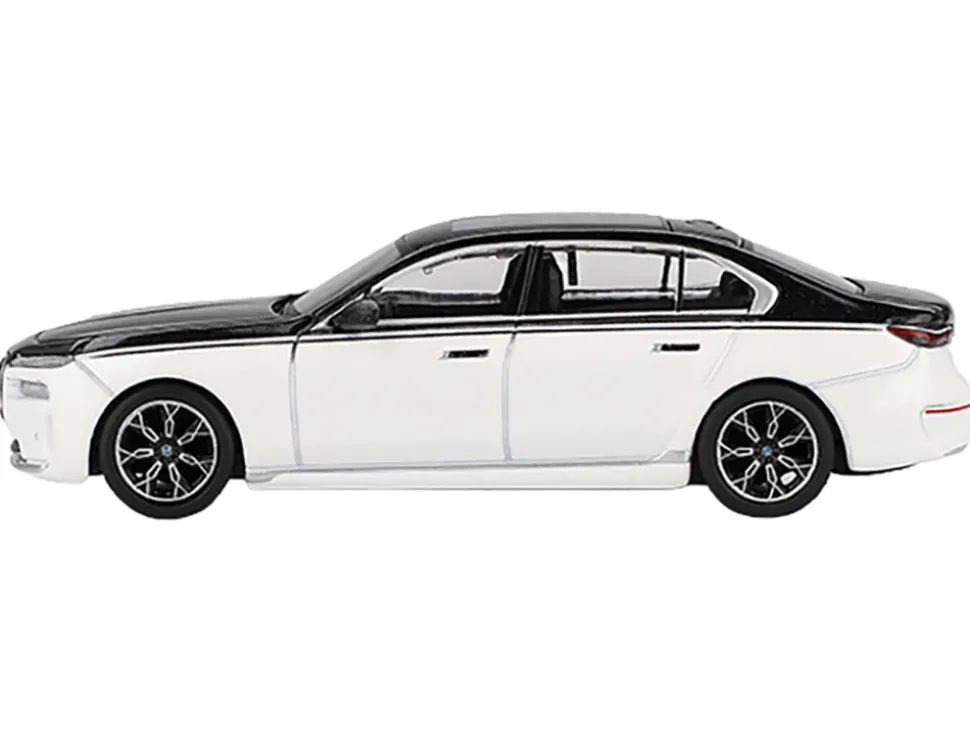 BMW i7 xDrive60 Dravit Alpine White and Black Sapphire Limited Edition 1/64 Diecast Model Car by Mini GT