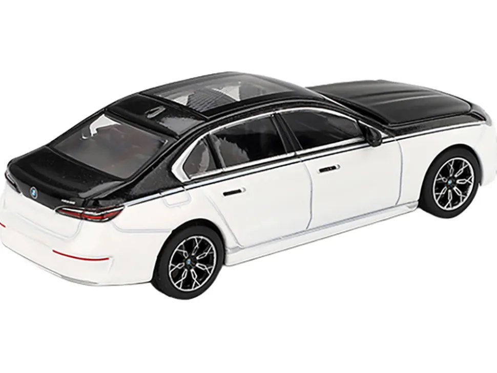BMW i7 xDrive60 Dravit Alpine White and Black Sapphire Limited Edition 1/64 Diecast Model Car by Mini GT