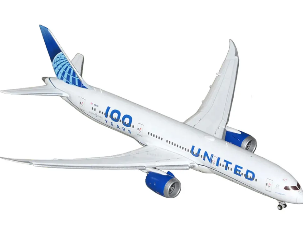 Boeing 787-9 Commercial Aircraft with Flaps Down "United Airlines 100 Years" (N61101) White with Graphics and Blue Tail 1/400 Diecast Model Airplane by GeminiJets