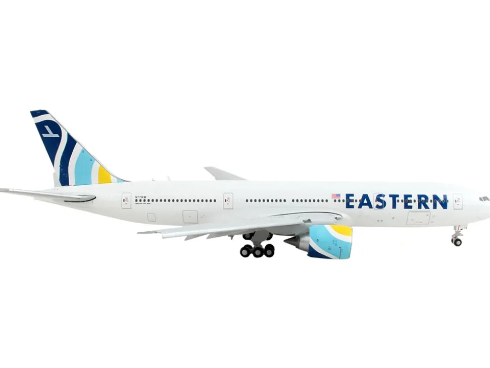 Boeing 777 200ER Commercial Aircraft with Flaps Down Eastern Air Lines White with Striped Tail 1/400 Diecast Model Airplane GeminiJets GJ2059F