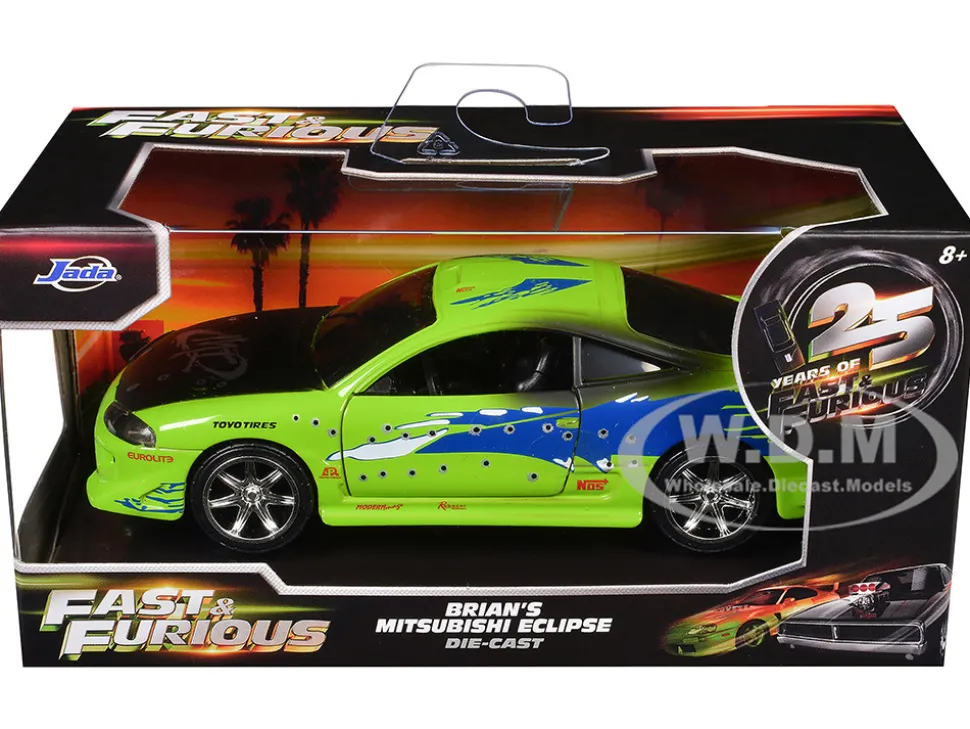 Brian's Mitsubishi Eclipse Green with Graphics (Damaged Version) "25 Years of Fast & Furious" "The Fast and the Furious" (2001) Movie 1/32 Diecast Model Car by Jada
