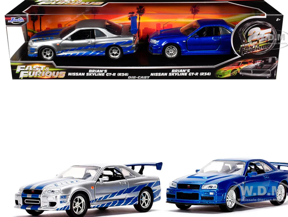 Brian's Nissan Skyline GT-R (BNR34) Silver with Blue Stripes and Nissan GT-R (BNR34) Blue Metallic Set of 2 pieces "25 Years of Fast & Furious" Series 1/32 Diecast Model Cars by Jada