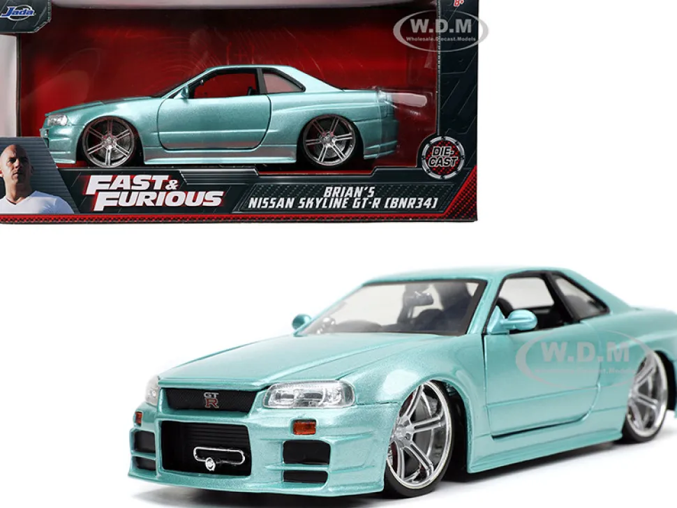 Brian's Nissan Skyline GT-R BNR34 RHD Right Hand Drive Turquoise Metallic Fast & Furious Movie 1/24 Diecast Model Car Jada 32608