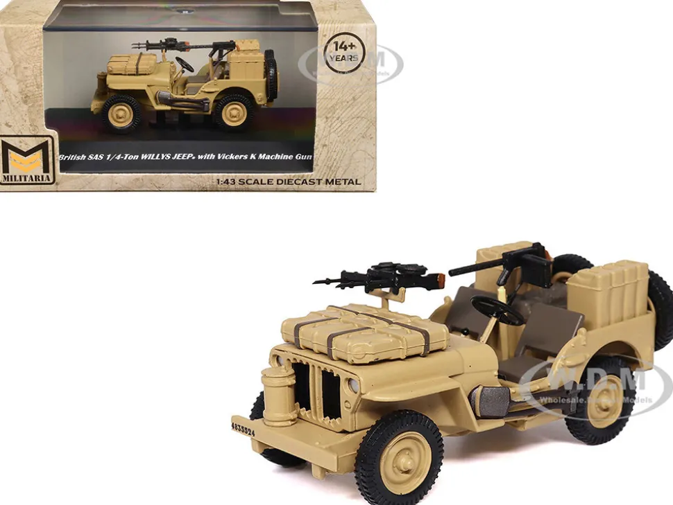 British SAS 1/4-Ton Willys Jeep with Vickers K Machine Gun Desert Sand "British Royal Army" 1/43 Diecast Model by Militaria Die Cast