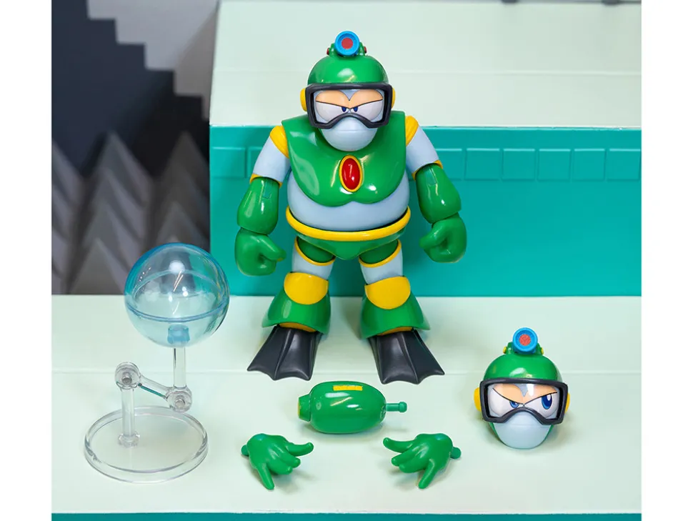 Bubble Man 5" Moveable Figure (Deluxe Version) with Accessories and Alternate Head and Hands "Mega Man" (1987) Video Game Model by Jada