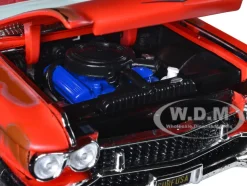 1959 Cadillac Eldorado Ambulance Red with White Top Malibu Beach Rescue Weathered with Surfboards on Roof Surf Shark 1/18 Diecast Model Car Auto World AW312