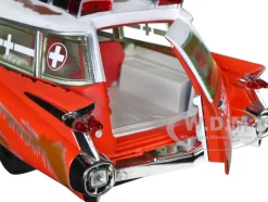 1959 Cadillac Eldorado Ambulance Red with White Top Malibu Beach Rescue Weathered with Surfboards on Roof Surf Shark 1/18 Diecast Model Car Auto World AW312