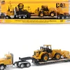 CAT Caterpillar CT681 Day Cab Tractor Yellow with Lowboy Trailer and CAT 950G Wheel Loader Yellow 1/87 (HO) Diecast Model by Diecast Masters