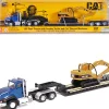 CAT Caterpillar CT660 Day Cab Tractor Blue Metallic with Lowboy Trailer and CAT 315C L Hydraulic Excavator Yellow 1/87 HO Diecast Model Diecast Masters 84415