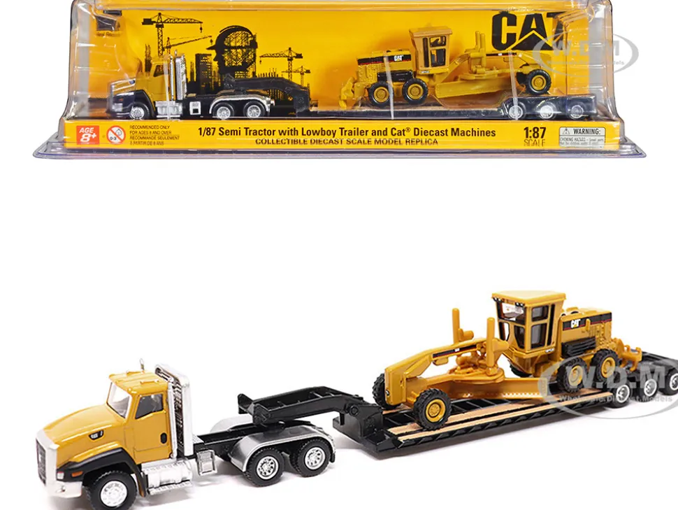 CAT Caterpillar CT660 Day Cab Tractor Yellow with Lowboy Trailer and CAT 163H Motor Grader Yellow 1/87 HO Diecast Model Diecast Masters 35179
