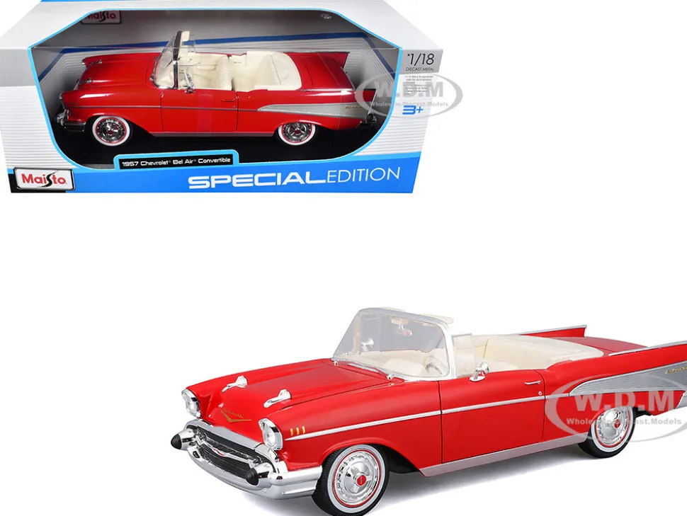 1957 Chevrolet Bel Air Convertible Red with White Interior "Special Edition" Series 1/18 Diecast Model Car by Maisto