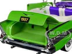 1957 Chevrolet Bel Air Convertible Green Metallic with Flame Graphics and Purple and White Interior Limited Edition to 4050 pieces Worldwide 1/24 Diecast Model Car by M2 Machines