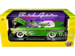 1957 Chevrolet Bel Air Convertible Green Metallic with Flame Graphics and Purple and White Interior Limited Edition to 4050 pieces Worldwide 1/24 Diecast Model Car by M2 Machines