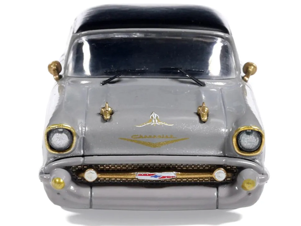 1957 Chevrolet Bel Air Lowrider Gray with Black Top and Gold Accents 1/64 Diecast Model Car by IXO Models