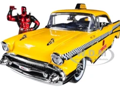1957 Chevrolet Bel Air Taxi Yellow Deadpool Diecast Figure Marvel Series 1/24 Diecast Model Car Jada 30290