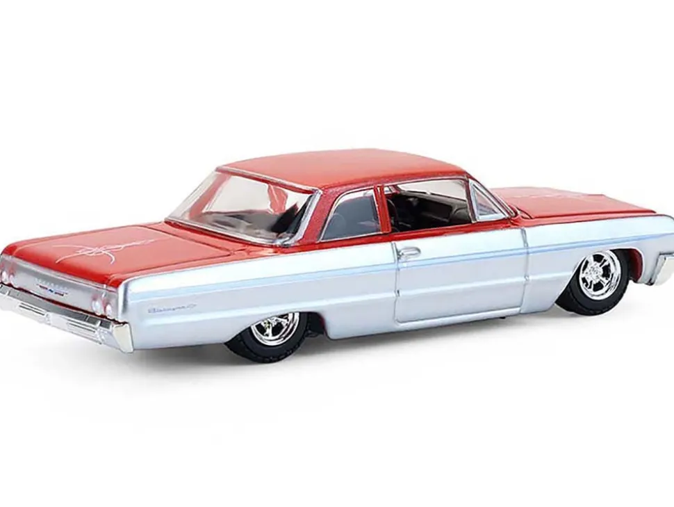 1964 Chevrolet Biscayne Lowrider Silver Metallic and Red Two-Tone "California Lowriders" Series 7 1/64 Diecast Model Car by Greenlight