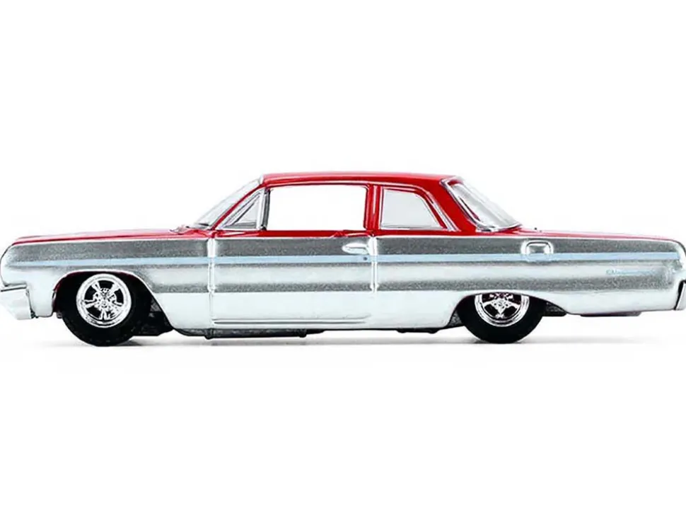1964 Chevrolet Biscayne Lowrider Silver Metallic and Red Two-Tone "California Lowriders" Series 7 1/64 Diecast Model Car by Greenlight