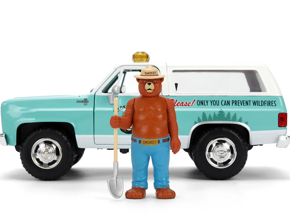 1980 Chevrolet Blazer Light Green with White Top and Graphics and Smokey Bear Diecast Figure "Smokey Bear" "Hollywood Rides" Series 1/24 Diecast Model by Jada
