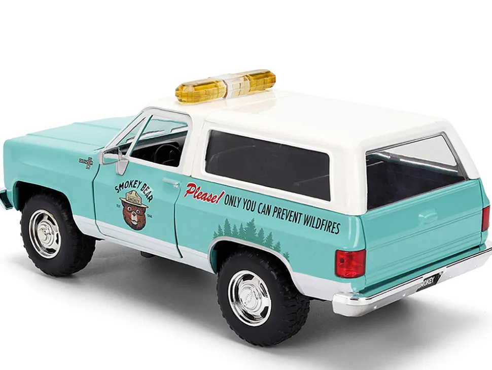 1980 Chevrolet Blazer Light Green with White Top and Graphics and Smokey Bear Diecast Figure "Smokey Bear" "Hollywood Rides" Series 1/24 Diecast Model by Jada