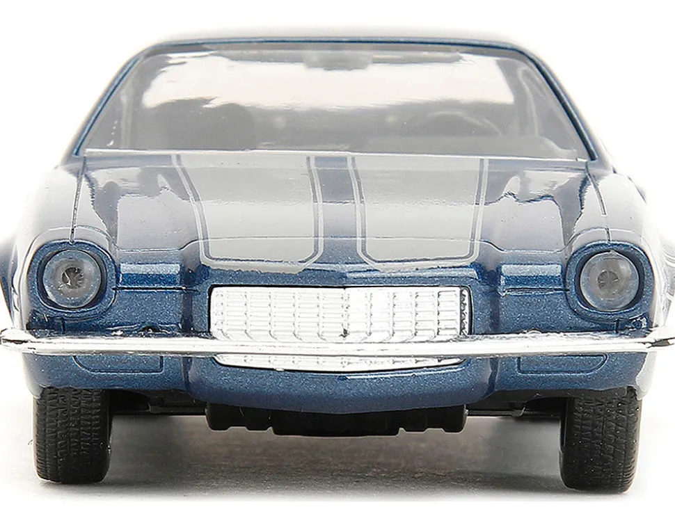 1973 Chevrolet Camaro Dark Blue Metallic with Gray Stripes and Winter Soldier Diecast Figure Marvel Avengers Hollywood Rides Series 1/32 Diecast Model Car Jada 33073