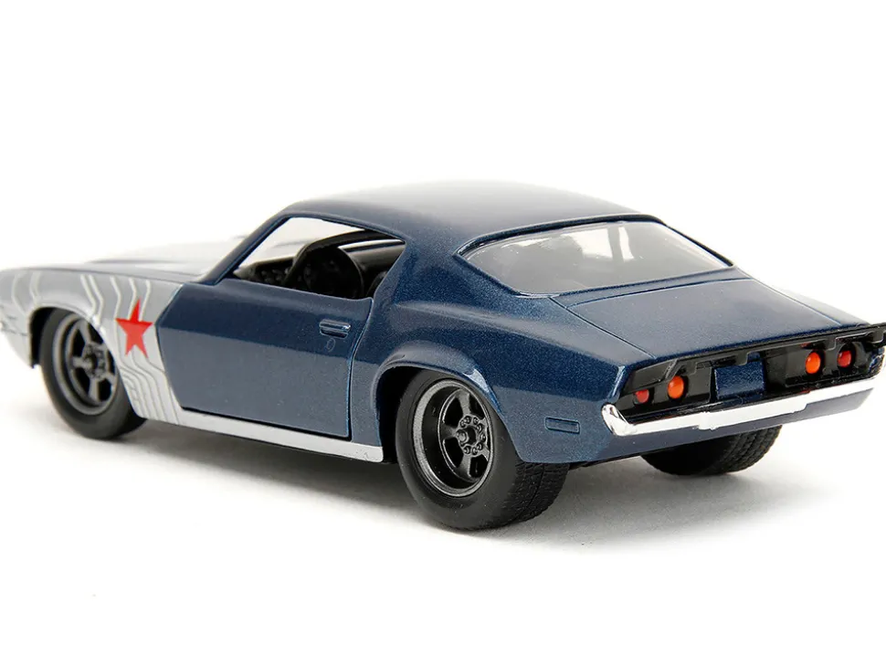 1973 Chevrolet Camaro Dark Blue Metallic with Gray Stripes and Winter Soldier Diecast Figure Marvel Avengers Hollywood Rides Series 1/32 Diecast Model Car Jada 33073