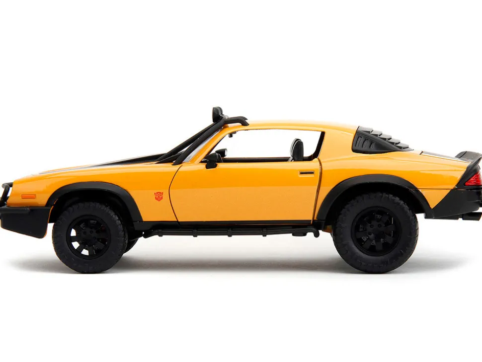 1977 Chevrolet Camaro Off Road Version Bumblebee Yellow Metallic with Black Stripes and Transformers Logo Diecast Statue Transformers Rise of the Beasts 2023 Movie Hollywood Rides Series 1/24 Diecast Model Car Jada 34263
