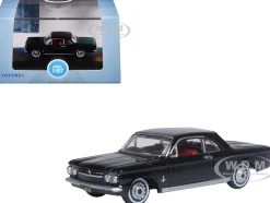 1963 Chevrolet Corvair Coupe Tuxedo Black with Red Interior 1/87 (HO) Scale Diecast Model Car by Oxford Diecast