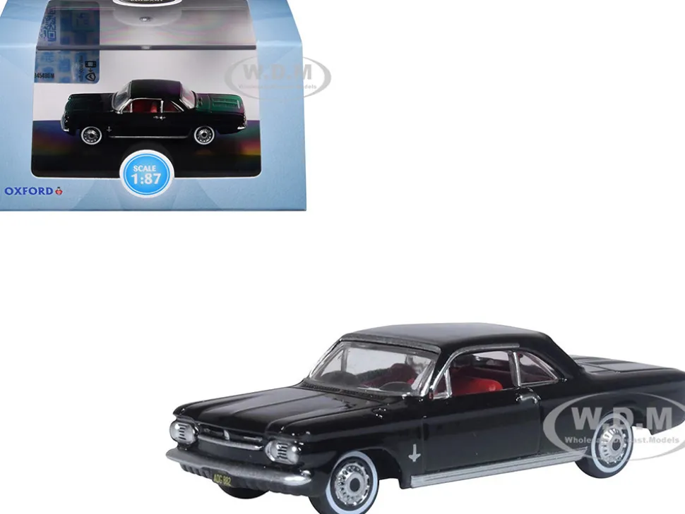 1963 Chevrolet Corvair Coupe Tuxedo Black with Red Interior 1/87 (HO) Scale Diecast Model Car by Oxford Diecast