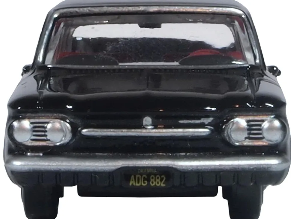 1963 Chevrolet Corvair Coupe Tuxedo Black with Red Interior 1/87 (HO) Scale Diecast Model Car by Oxford Diecast