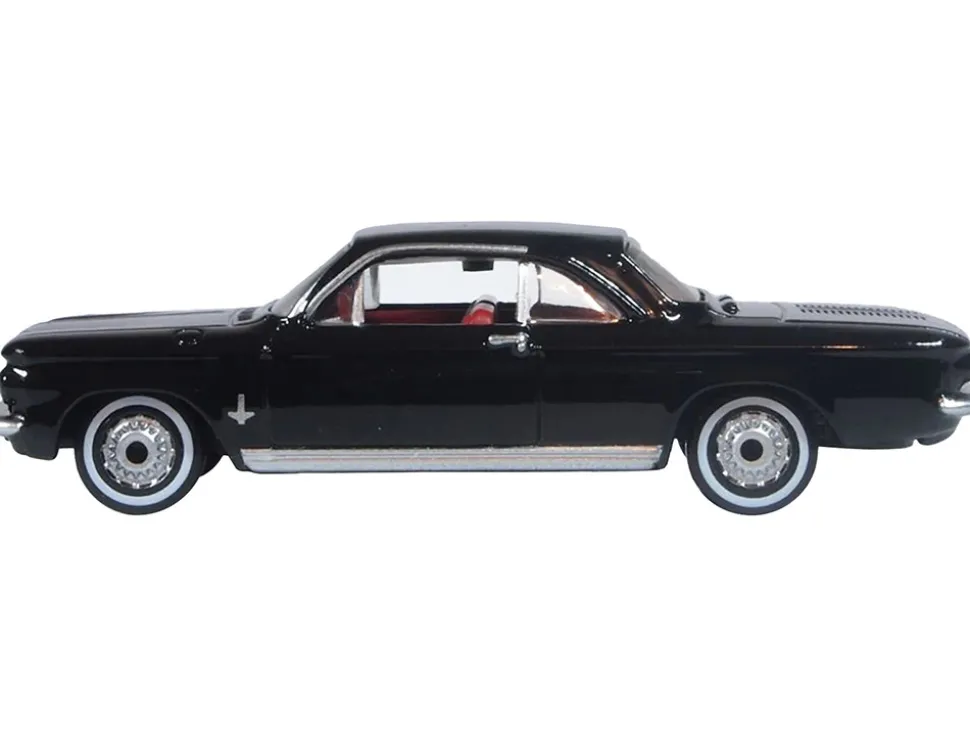 1963 Chevrolet Corvair Coupe Tuxedo Black with Red Interior 1/87 (HO) Scale Diecast Model Car by Oxford Diecast