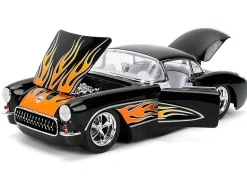 1957 Chevrolet Corvette Black with Flame Graphics and White Interior
