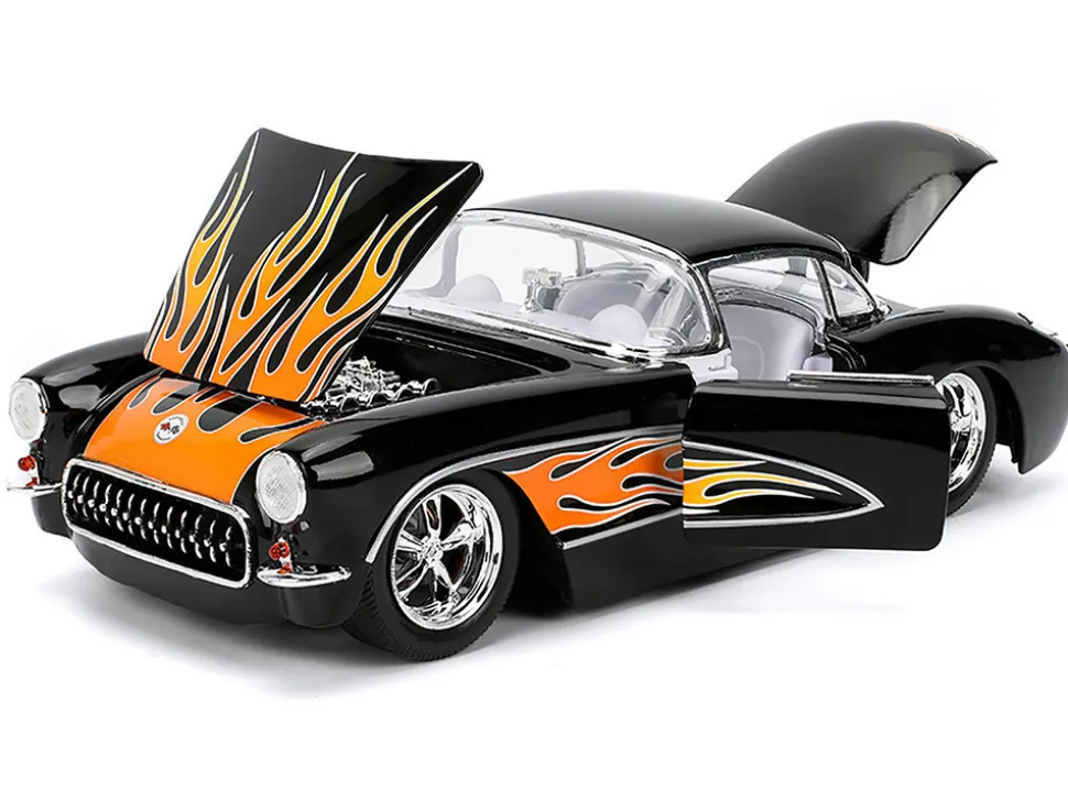 1957 Chevrolet Corvette Black with Flame Graphics and White Interior "Bigtime Muscle" Series 1/24 Diecast Model Car by Jada