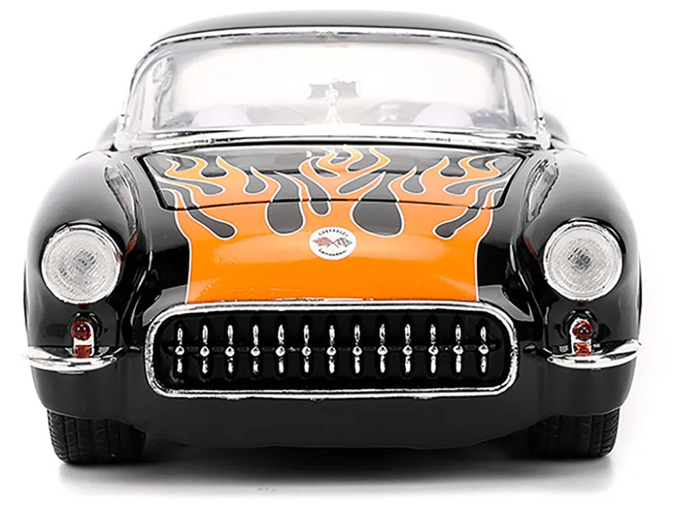 1957 Chevrolet Corvette Black with Flame Graphics and White Interior "Bigtime Muscle" Series 1/24 Diecast Model Car by Jada