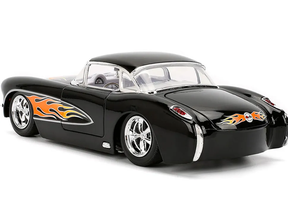 1957 Chevrolet Corvette Black with Flame Graphics and White Interior "Bigtime Muscle" Series 1/24 Diecast Model Car by Jada