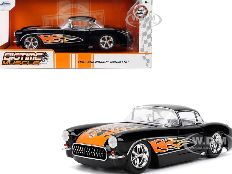 1957 Chevrolet Corvette Black with Flame Graphics and White Interior "Bigtime Muscle" Series 1/24 Diecast Model Car by Jada