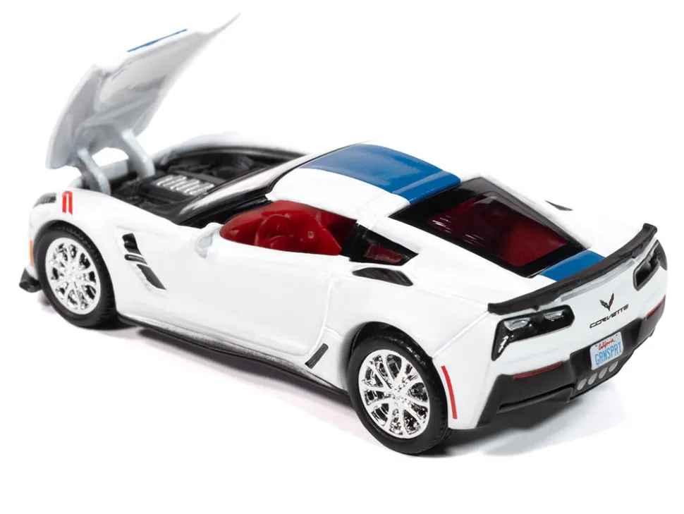 2018 Chevrolet Corvette Grand Sport Arctic White with Blue Stripe and Red Interior "Sports Cars" Series 1/64 Diecast Model Car by Auto World