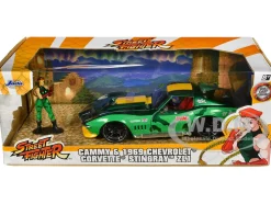 1969 Chevrolet Corvette Stingray ZL1 Green Metallic with Yellow Stripes and Cammy Diecast Figure Street Fighter Video Game Anime Hollywood Rides Series 1/24 Diecast Model Car Jada 30837