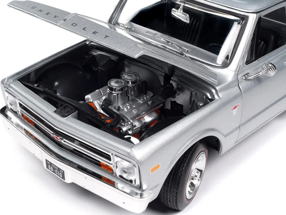 1968 Chevrolet C10 Stepside Pickup Truck Silver Metallic 1/18 Diecast Model Car by Auto World