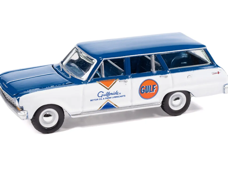 1963 Chevrolet II Nova 400 Wagon "Gulf" Blue and White with Blue Interior "Big Country Collectibles" 2025 Series 1/64 Diecast Model Car by Auto World