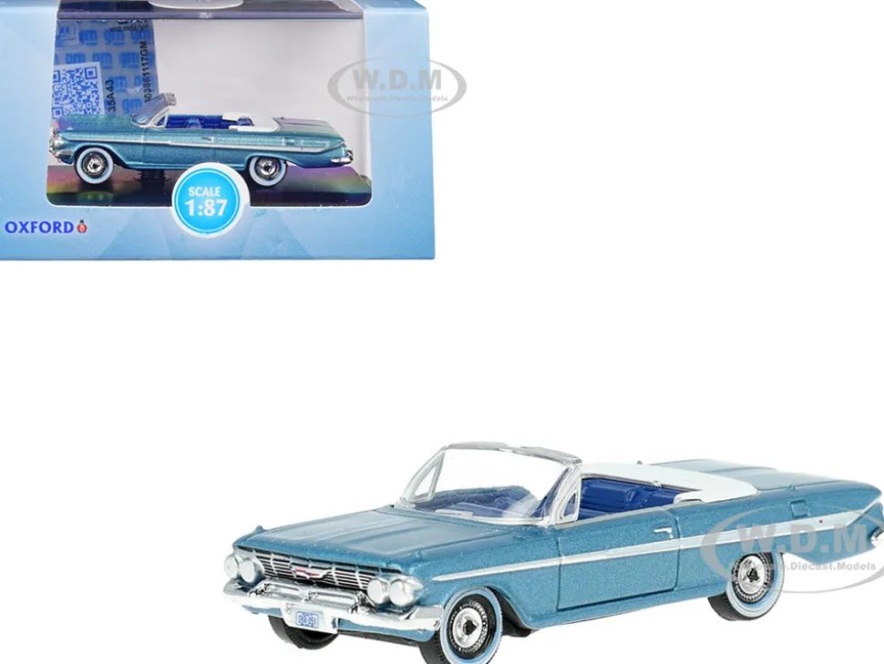1961 Chevrolet Impala Convertible Jewel Blue Metallic and White with Blue Interior 1/87 HO Scale Diecast Model Car Oxford Diecast 87CI61006