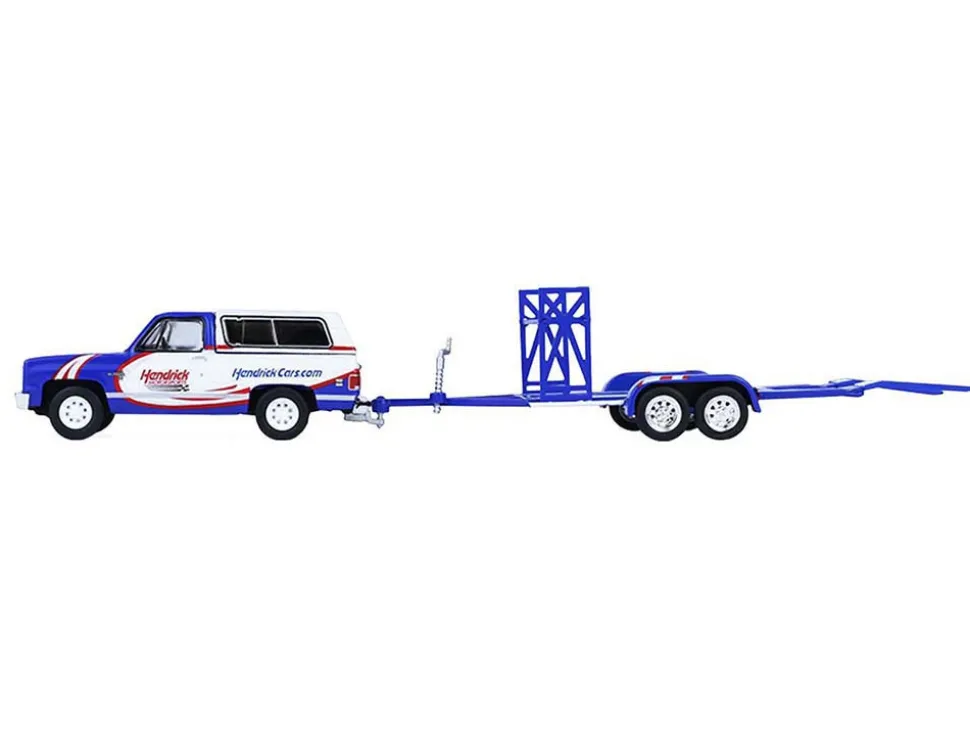 1986 Chevrolet K5 Blazer Blue and White and 1969 Chevrolet Camaro #5 Blue and White "Kyle Larson - Hendrick Motorsports" with Tandem Car Trailer "Racing Hitch & Tow" Series 6 1/64 Diecast Model Cars by Greenlight