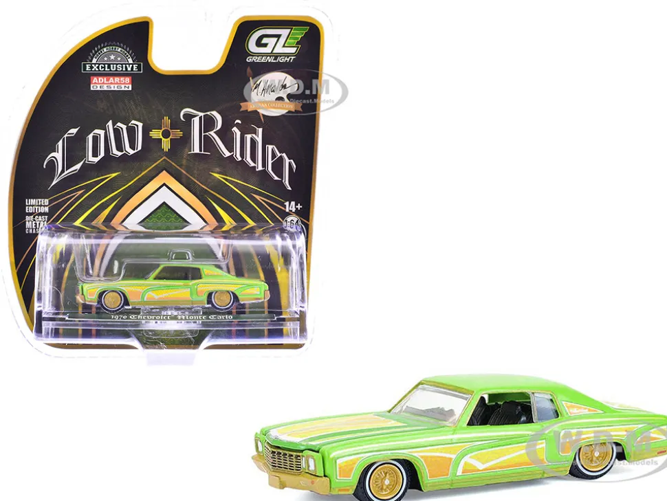 1970 Chevrolet Monte Carlo Lowrider "Michael Heralda Special Edition" Lime Green with Graphics "Hobby Exclusive" Series 1/64 Diecast Model Car by Greenlight