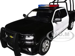2017 Chevrolet Silverado 1500 LT Z71 Crew Cab Pickup Truck with Bed Cage Black and White with Flashing Light Bar and Front and Rear Lights and Sounds 1/27 Diecast Model Car by Motormax