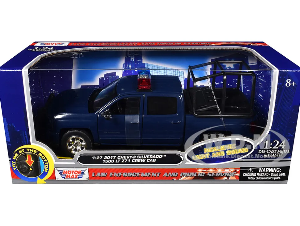 2017 Chevrolet Silverado 1500 LT Z71 Crew Cab Pickup Truck with Bed Cage Dark Blue with Flashing Light Bar and Front and Rear Lights and Sounds 1/27 Diecast Model Car by Motormax
