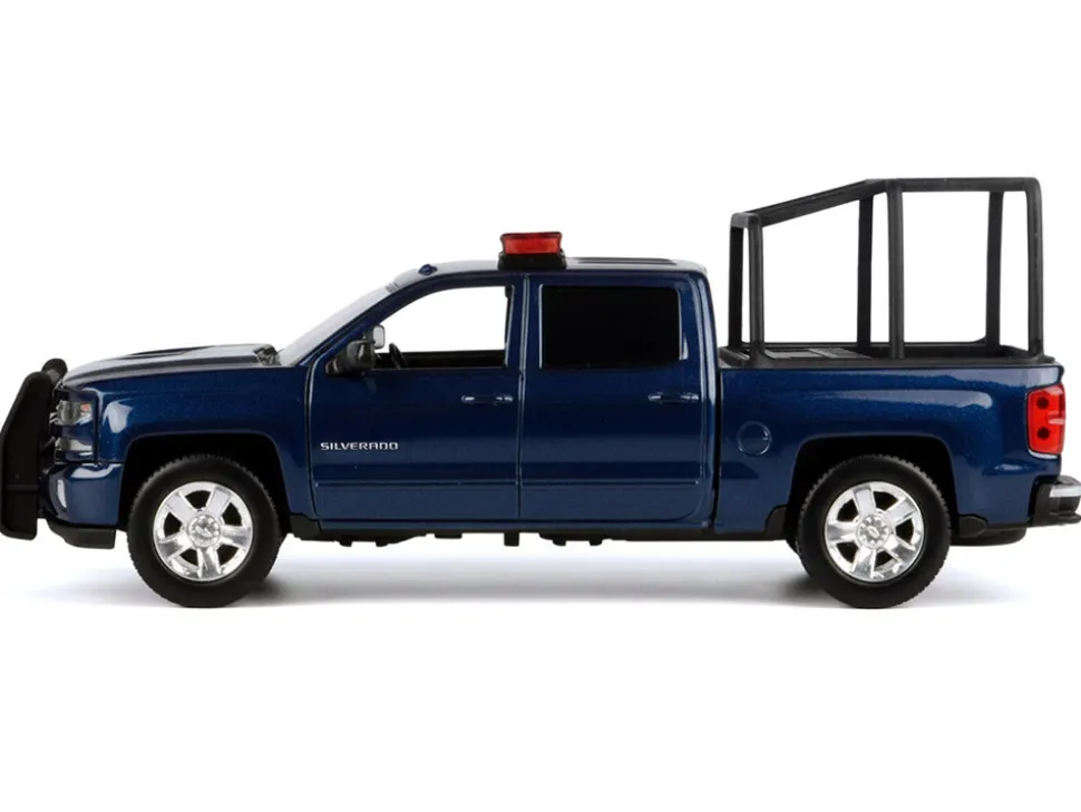 2017 Chevrolet Silverado 1500 LT Z71 Crew Cab Pickup Truck with Bed Cage Dark Blue with Flashing Light Bar and Front and Rear Lights and Sounds 1/27 Diecast Model Car by Motormax
