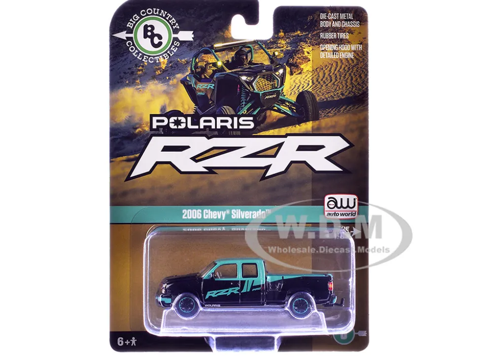 2006 Chevrolet Silverado Pickup Truck "Polaris RZR" Black and Blue "Big Country Collectibles" 2025 Series 1/64 Diecast Model Car by Auto World