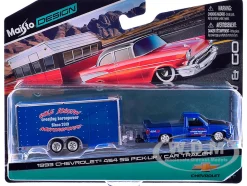 1993 Chevrolet 454 SS Pickup Truck Blue Metallic with Black Hood and Car Trailer Blue Metallic