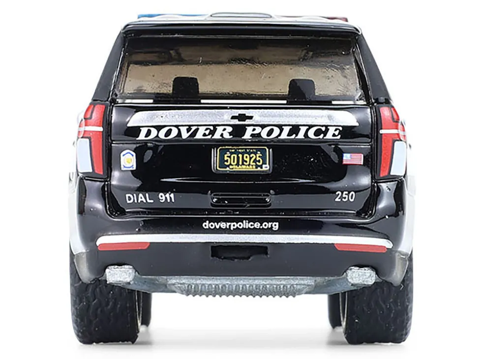 2024 Chevrolet Tahoe Police Pursuit Vehicle "Dover Police – 100th Anniversary Edition" Black with White Stripes "Hobby Exclusive" Series 1/64 Diecast Model Car by Greenlight