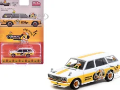Datsun Bluebird 510 Wagon "Ohige no Pon" White with Orange Stripes and Graphics "Global64" Series 1/64 Diecast Model by Tarmac Works